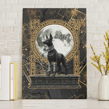 Anput Jackal Mask Canvas Wall Art with Full Moon Egyptian Afterlife Symbolism