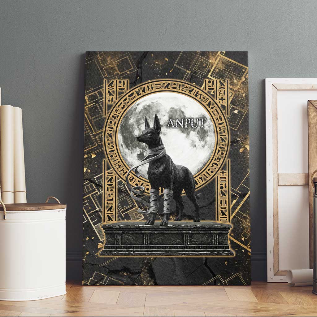 Anput Jackal Mask Canvas Wall Art with Full Moon Egyptian Afterlife Symbolism
