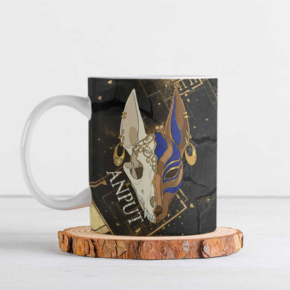 Anput Jackal Mask Ceramic Mug with Full Moon Egyptian Afterlife Symbolism