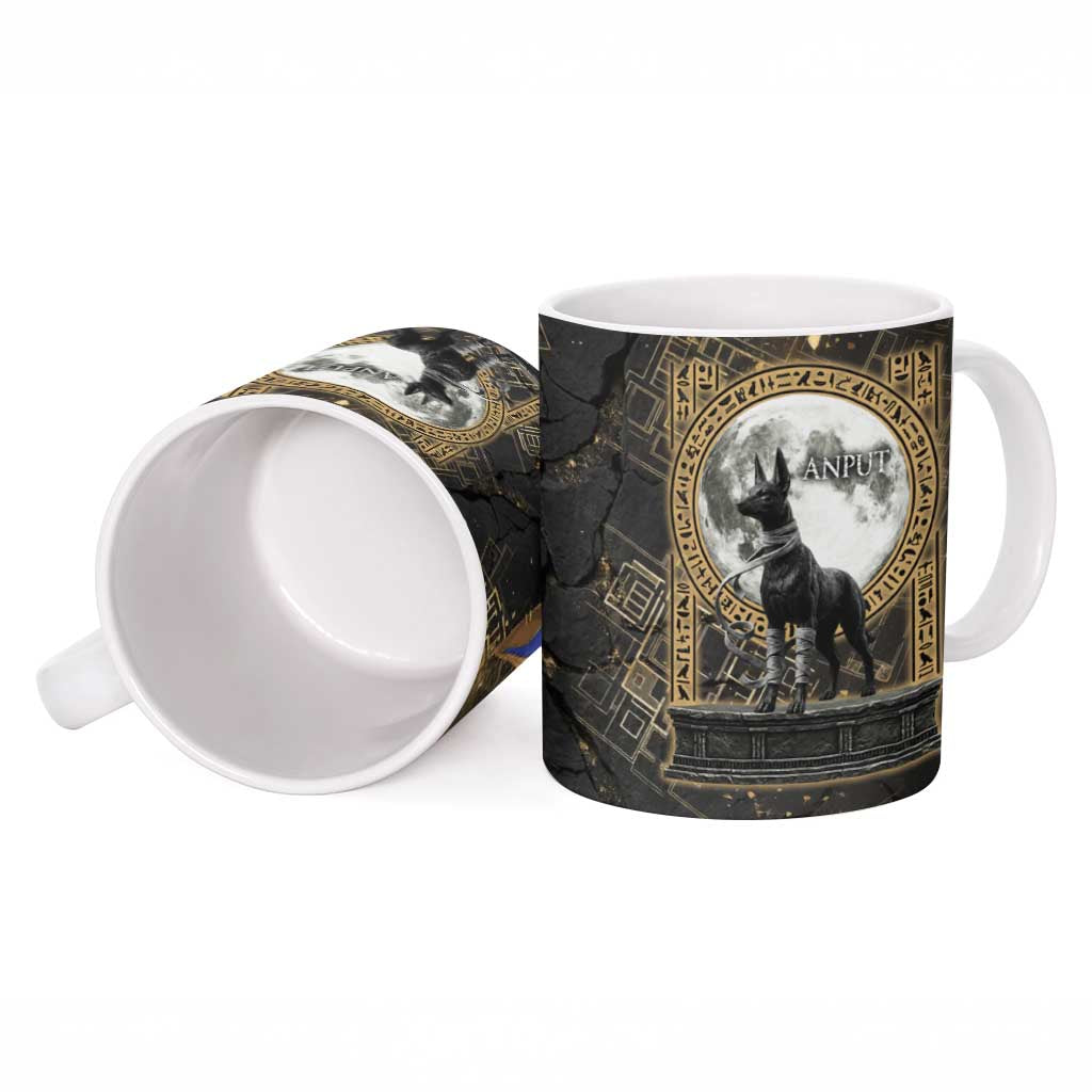 Anput Jackal Mask Ceramic Mug with Full Moon Egyptian Afterlife Symbolism
