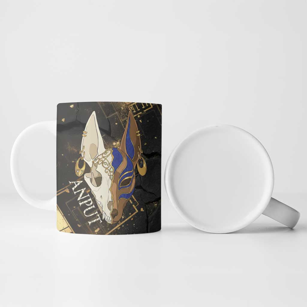 Anput Jackal Mask Ceramic Mug with Full Moon Egyptian Afterlife Symbolism