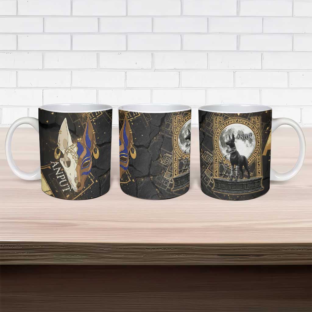 Anput Jackal Mask Ceramic Mug with Full Moon Egyptian Afterlife Symbolism