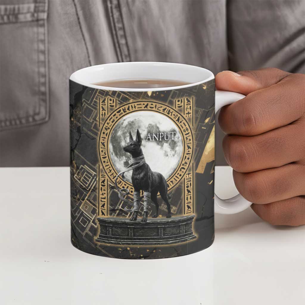 Anput Jackal Mask Ceramic Mug with Full Moon Egyptian Afterlife Symbolism