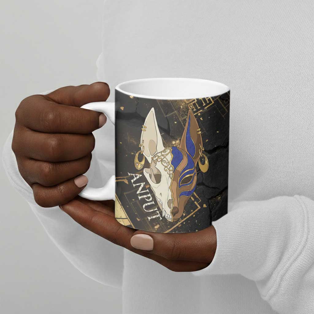 Anput Jackal Mask Ceramic Mug with Full Moon Egyptian Afterlife Symbolism
