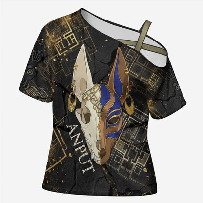 Anput Jackal Mask Cross Shoulder Shirt with Full Moon Egyptian Afterlife Symbolism