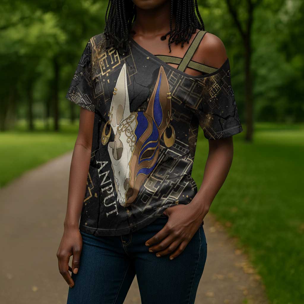 Anput Jackal Mask Cross Shoulder Shirt with Full Moon Egyptian Afterlife Symbolism