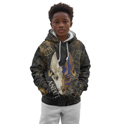 Anput Jackal Mask Kid Hoodie with Full Moon Egyptian Afterlife Symbolism
