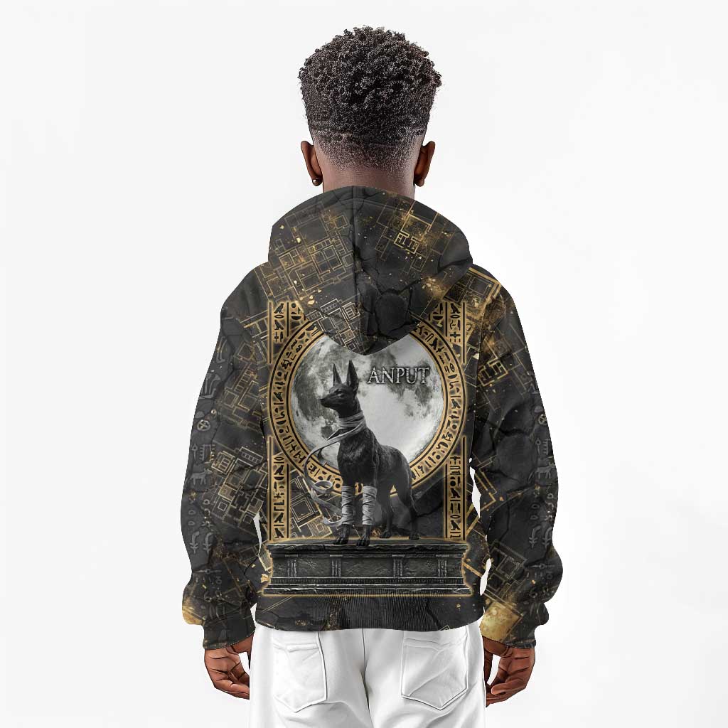 Anput Jackal Mask Kid Hoodie with Full Moon Egyptian Afterlife Symbolism
