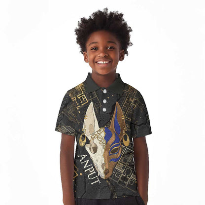 Anput Jackal Mask Kid Polo Shirt with Full Moon Egyptian Afterlife Symbolism
