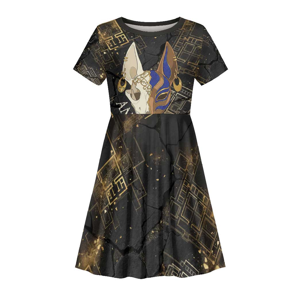Anput Jackal Mask Kid Short Sleeve Dress with Full Moon Egyptian Afterlife Symbolism