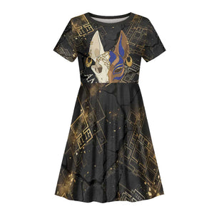 Anput Jackal Mask Kid Short Sleeve Dress with Full Moon Egyptian Afterlife Symbolism