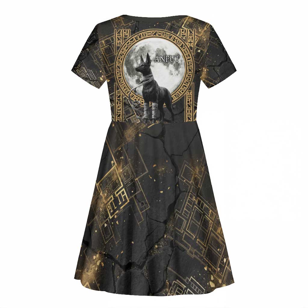 Anput Jackal Mask Kid Short Sleeve Dress with Full Moon Egyptian Afterlife Symbolism