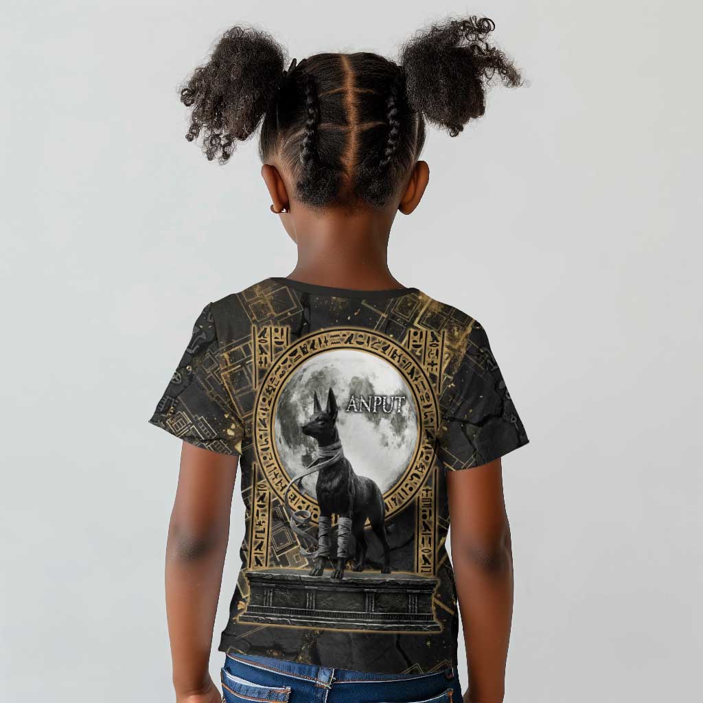 Anput Jackal Mask Kid T shirt with Full Moon Egyptian Afterlife Symbolism