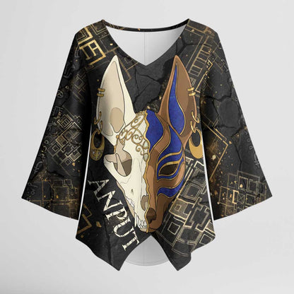Anput Jackal Mask Kimono Sleeve Blouse with Full Moon Egyptian Afterlife Symbolism