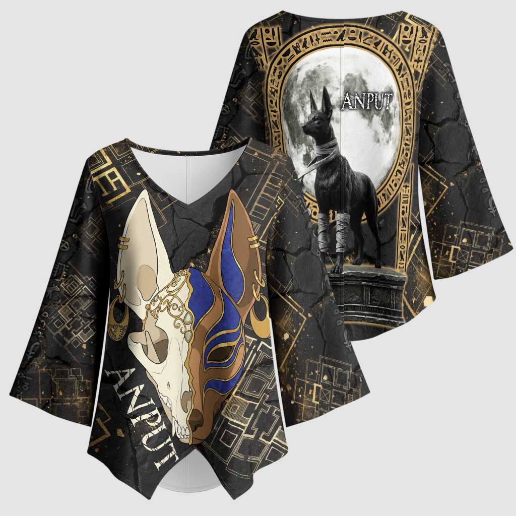 Anput Jackal Mask Kimono Sleeve Blouse with Full Moon Egyptian Afterlife Symbolism