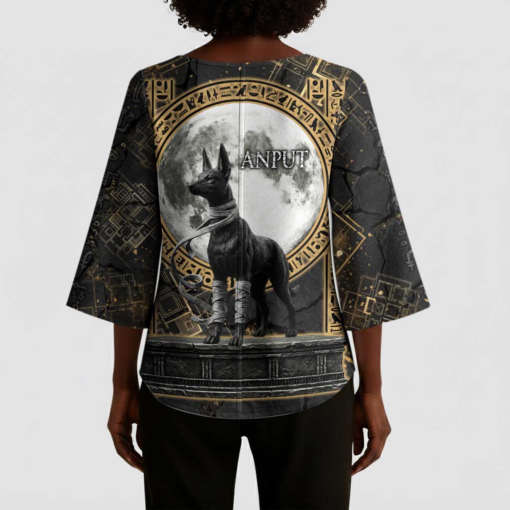 Anput Jackal Mask Kimono Sleeve Blouse with Full Moon Egyptian Afterlife Symbolism