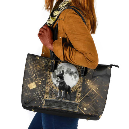 Anput Jackal Mask Leather Tote Bag with Full Moon Egyptian Afterlife Symbolism
