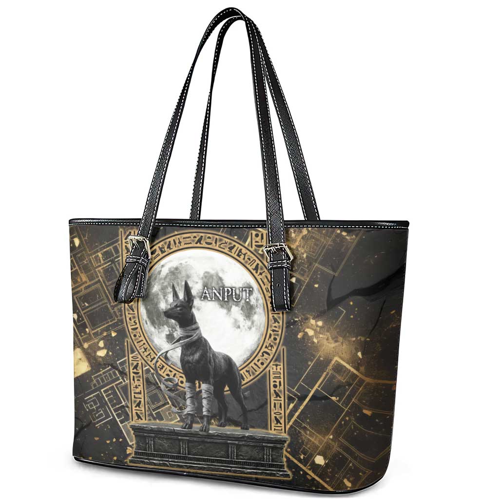 Anput Jackal Mask Leather Tote Bag with Full Moon Egyptian Afterlife Symbolism