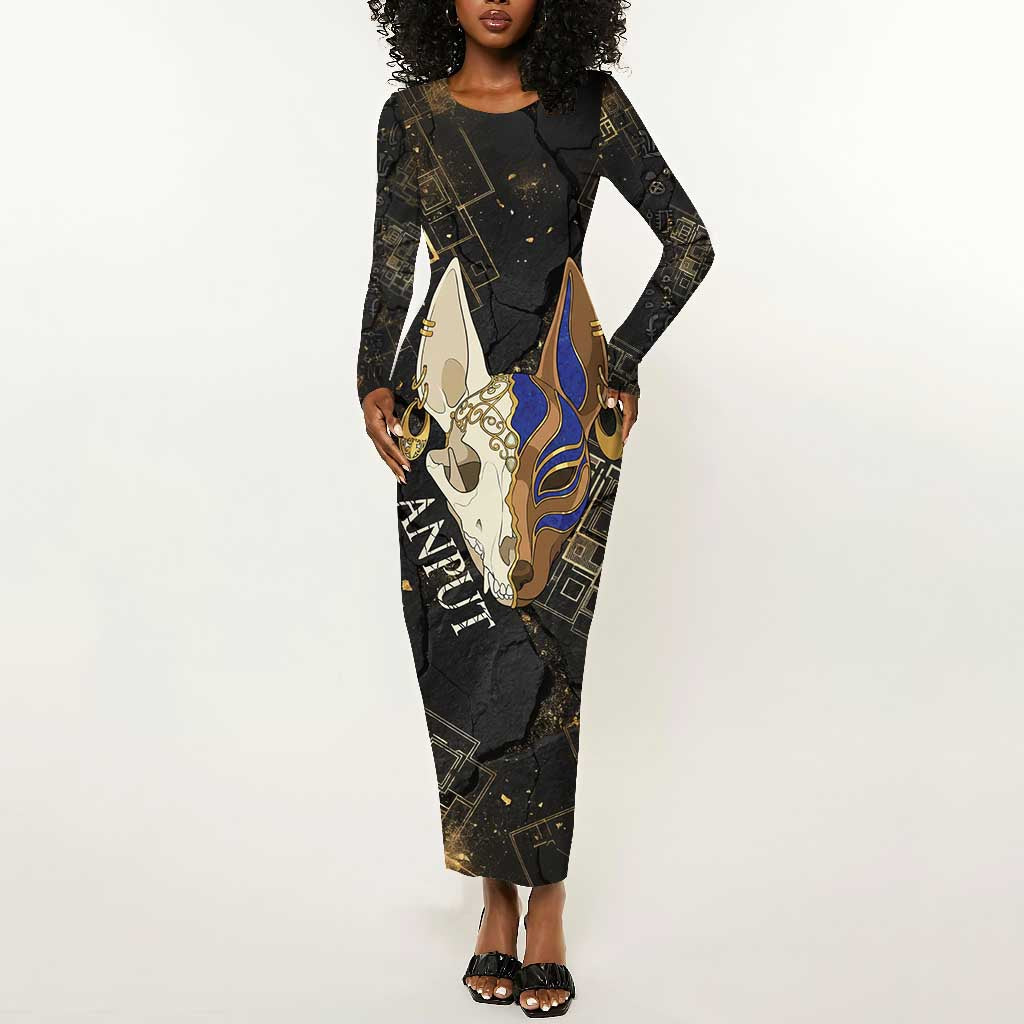 Anput Jackal Mask Long Sleeve Bodycon Dress with Full Moon Egyptian Afterlife Symbolism