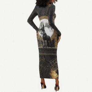 Anput Jackal Mask Long Sleeve Bodycon Dress with Full Moon Egyptian Afterlife Symbolism