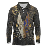 Anput Jackal Mask Long Sleeve Polo Shirt with Full Moon Egyptian Afterlife Symbolism