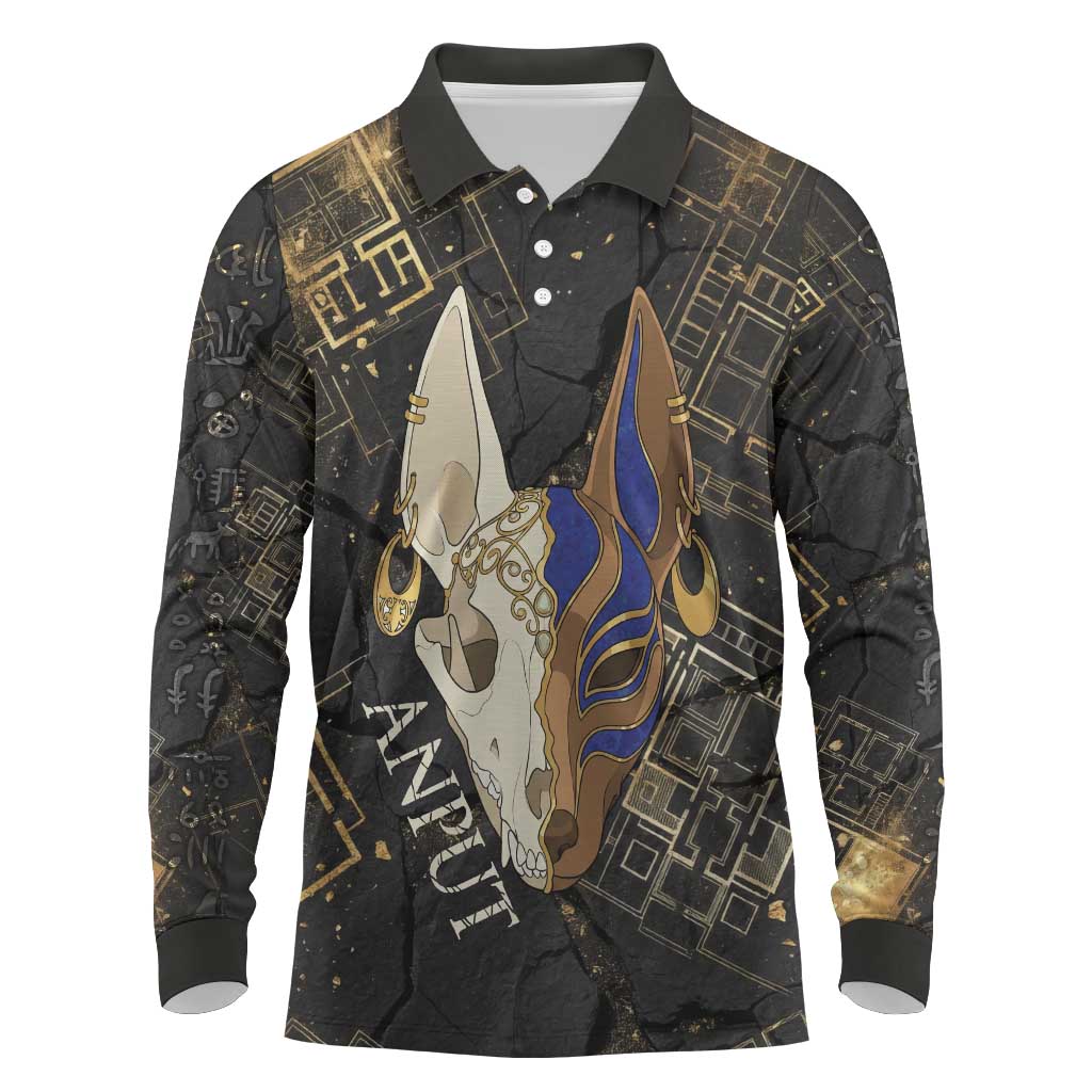 Anput Jackal Mask Long Sleeve Polo Shirt with Full Moon Egyptian Afterlife Symbolism