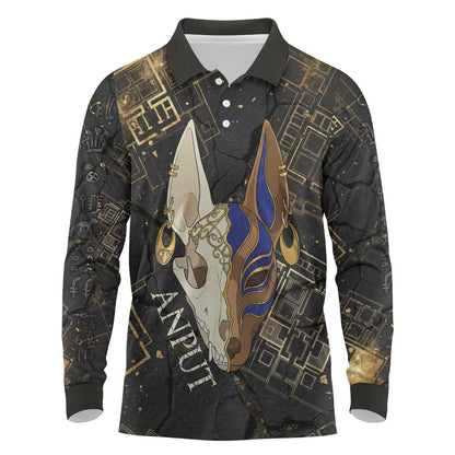 Anput Jackal Mask Long Sleeve Polo Shirt with Full Moon Egyptian Afterlife Symbolism