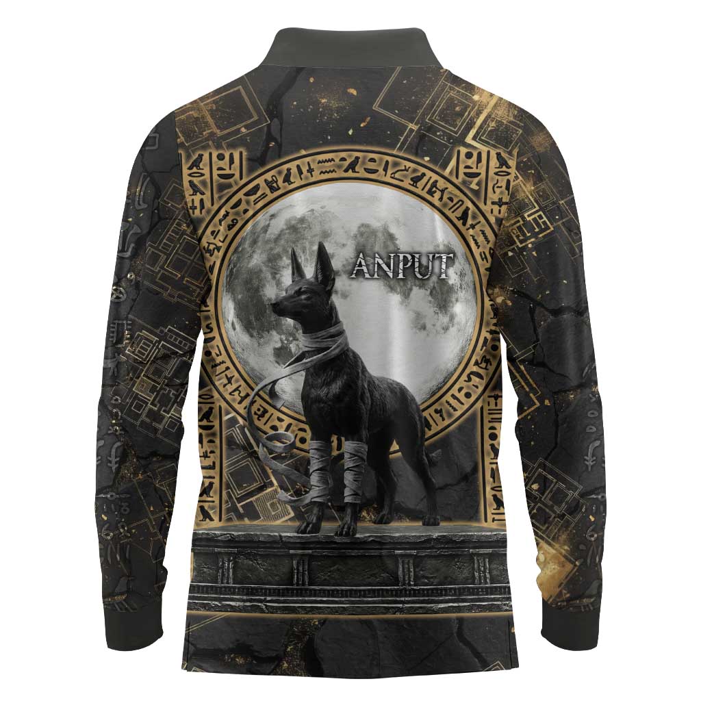 Anput Jackal Mask Long Sleeve Polo Shirt with Full Moon Egyptian Afterlife Symbolism