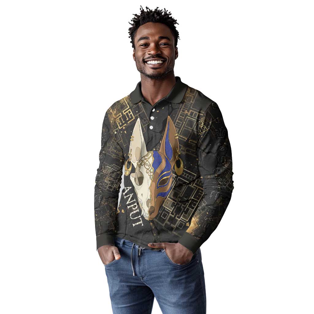 Anput Jackal Mask Long Sleeve Polo Shirt with Full Moon Egyptian Afterlife Symbolism