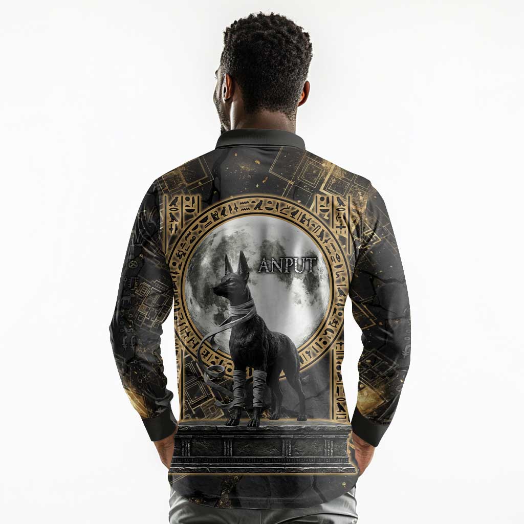 Anput Jackal Mask Long Sleeve Polo Shirt with Full Moon Egyptian Afterlife Symbolism
