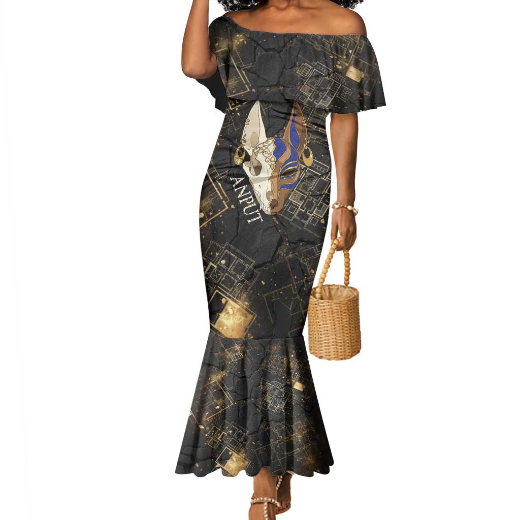 Anput Jackal Mask Mermaid Dress with Full Moon Egyptian Afterlife Symbolism