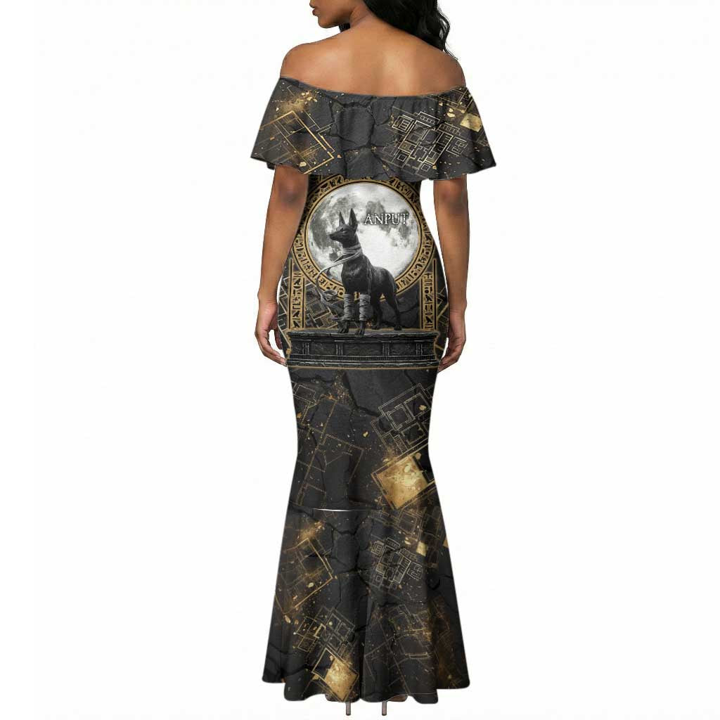 Anput Jackal Mask Mermaid Dress with Full Moon Egyptian Afterlife Symbolism