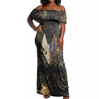 Anput Jackal Mask Off Shoulder Maxi Dress with Full Moon Egyptian Afterlife Symbolism