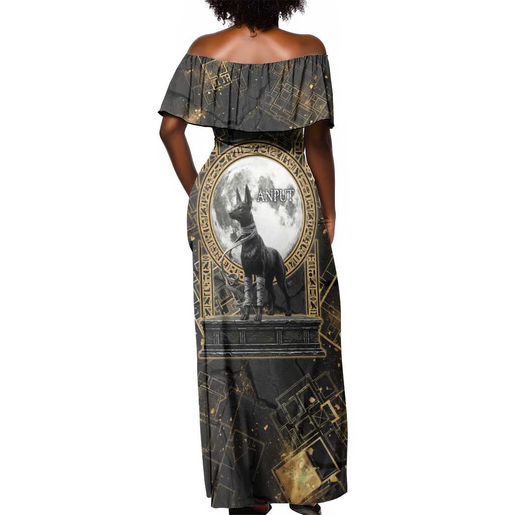 Anput Jackal Mask Off Shoulder Maxi Dress with Full Moon Egyptian Afterlife Symbolism