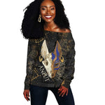 Anput Jackal Mask Off Shoulder Sweater with Full Moon Egyptian Afterlife Symbolism