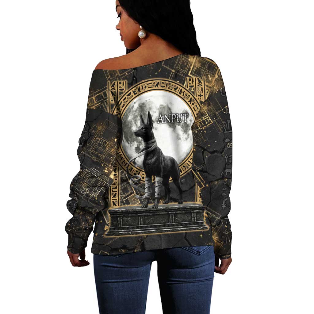 Anput Jackal Mask Off Shoulder Sweater with Full Moon Egyptian Afterlife Symbolism