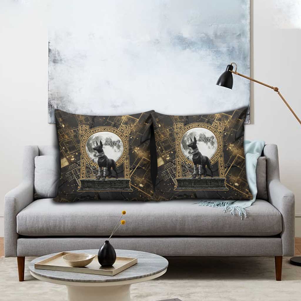Anput Jackal Mask Pillow Cover with Full Moon Egyptian Afterlife Symbolism