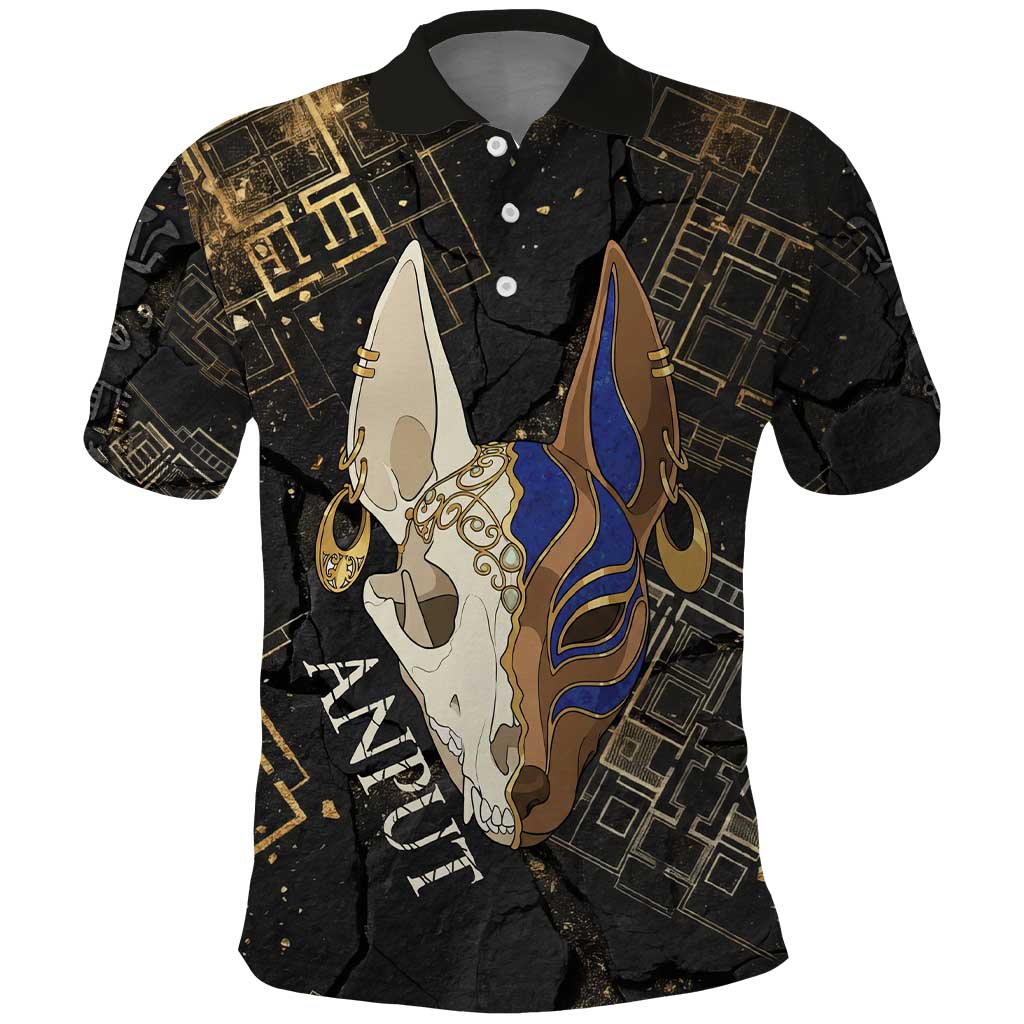 Anput Jackal Mask Polo Shirt with Full Moon Egyptian Afterlife Symbolism