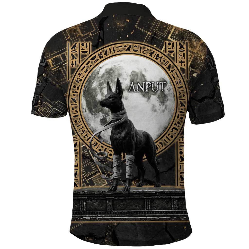 Anput Jackal Mask Polo Shirt with Full Moon Egyptian Afterlife Symbolism