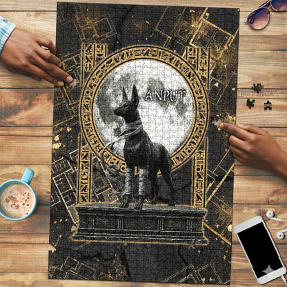 Anput Jackal Mask Puzzle with Full Moon Egyptian Afterlife Symbolism