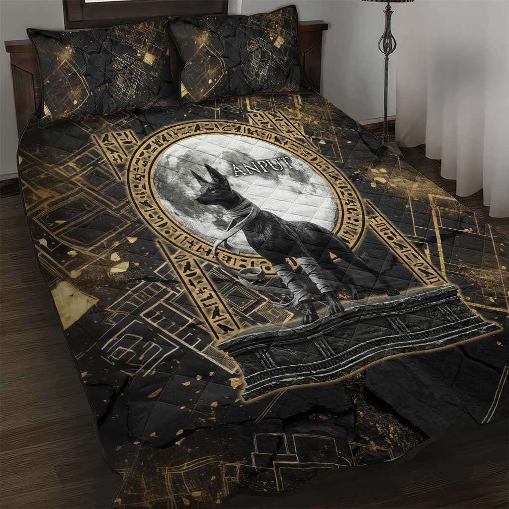 Anput Jackal Mask Quilt Bed Set with Full Moon Egyptian Afterlife Symbolism