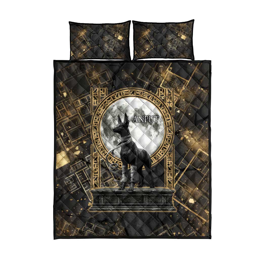 Anput Jackal Mask Quilt Bed Set with Full Moon Egyptian Afterlife Symbolism