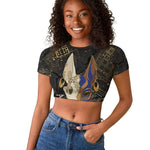 Anput Jackal Mask Raglan Cropped T shirt with Full Moon Egyptian Afterlife Symbolism