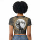 Anput Jackal Mask Raglan Cropped T shirt with Full Moon Egyptian Afterlife Symbolism