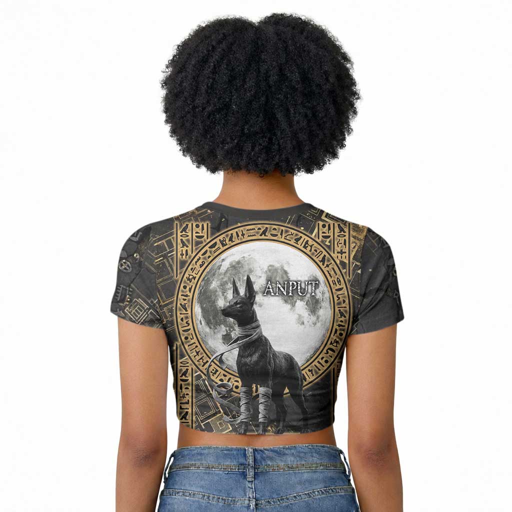 Anput Jackal Mask Raglan Cropped T shirt with Full Moon Egyptian Afterlife Symbolism