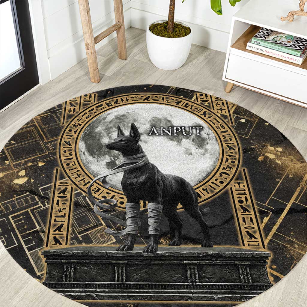 Anput Jackal Mask Round Carpet with Full Moon Egyptian Afterlife Symbolism