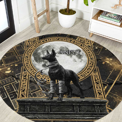 Anput Jackal Mask Round Carpet with Full Moon Egyptian Afterlife Symbolism