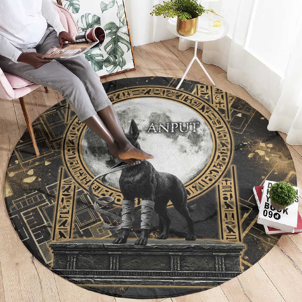 Anput Jackal Mask Round Carpet with Full Moon Egyptian Afterlife Symbolism