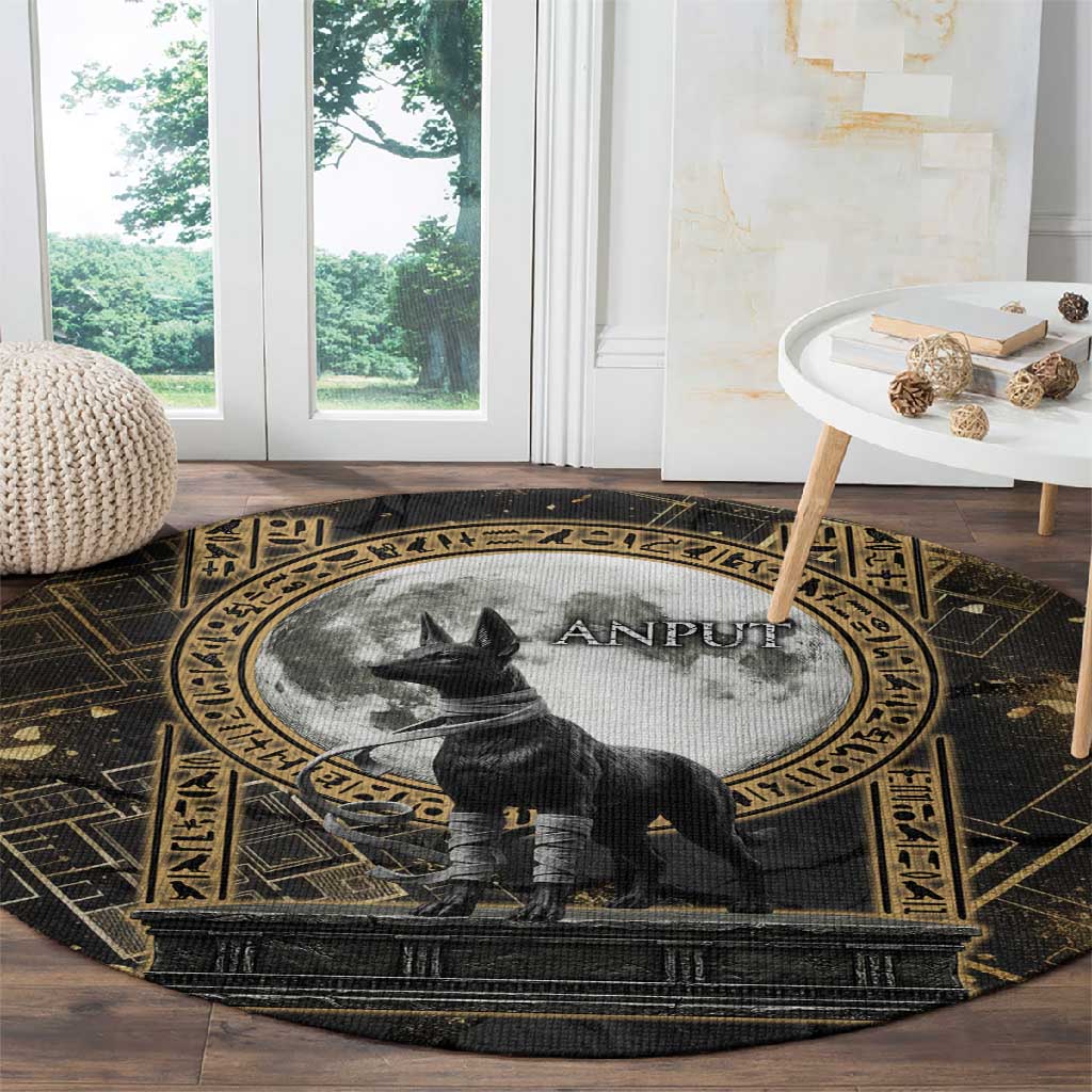 Anput Jackal Mask Round Carpet with Full Moon Egyptian Afterlife Symbolism