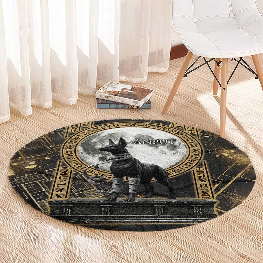 Anput Jackal Mask Round Carpet with Full Moon Egyptian Afterlife Symbolism